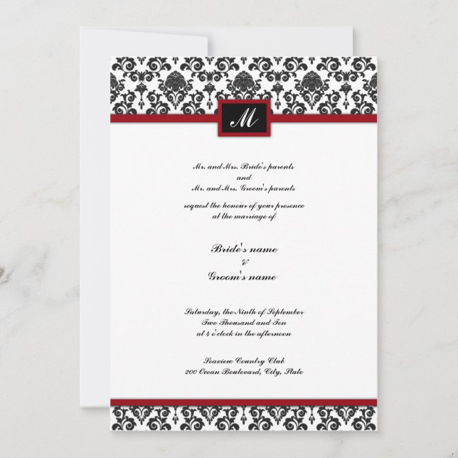 Black and Red Damask Monogram Wedding Invitation (Front)