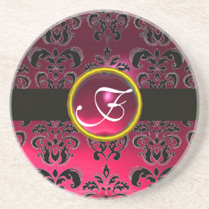 BLACK AND RED DAMASK  PINK RUBY Monogram Coaster