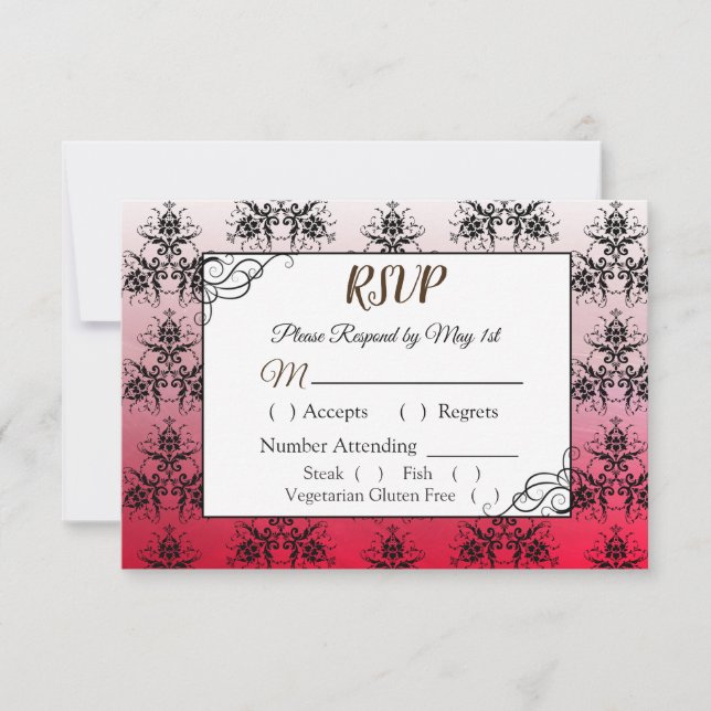 Black and Red Damask Wedding RSVP card (Front)