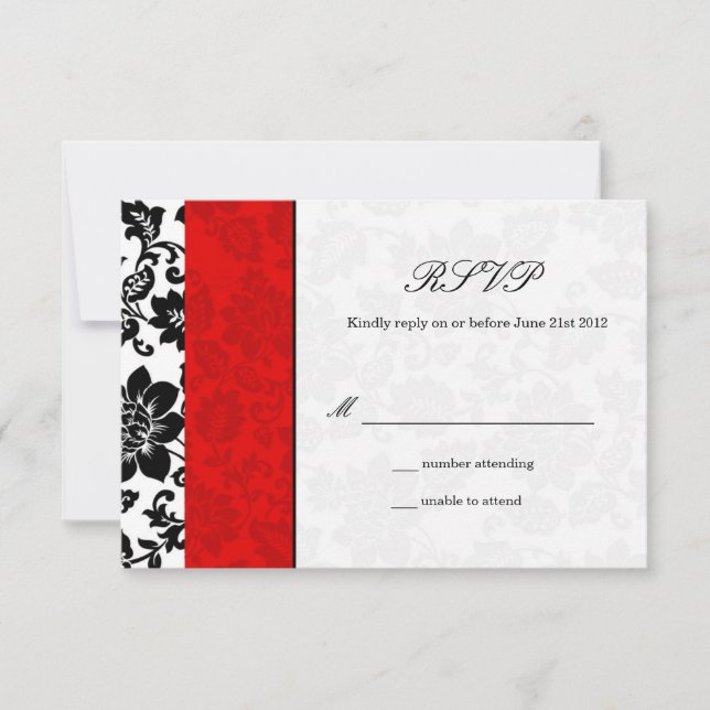 Black and Red Damask Wedding RSVP Card (Front)