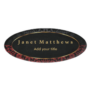 Black and Red Damask with Gold Trim Design 2 Name Tag