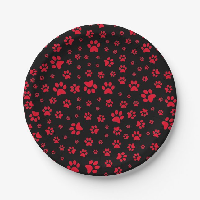 Black and Red Dog Paw Print Paper Plate (Front)