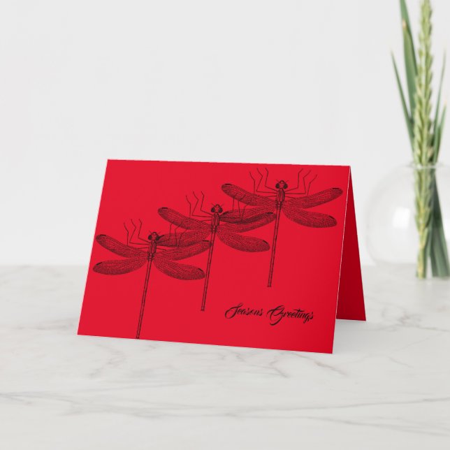 Black and Red Dragonflies Season Greetings Holiday Card (Front)