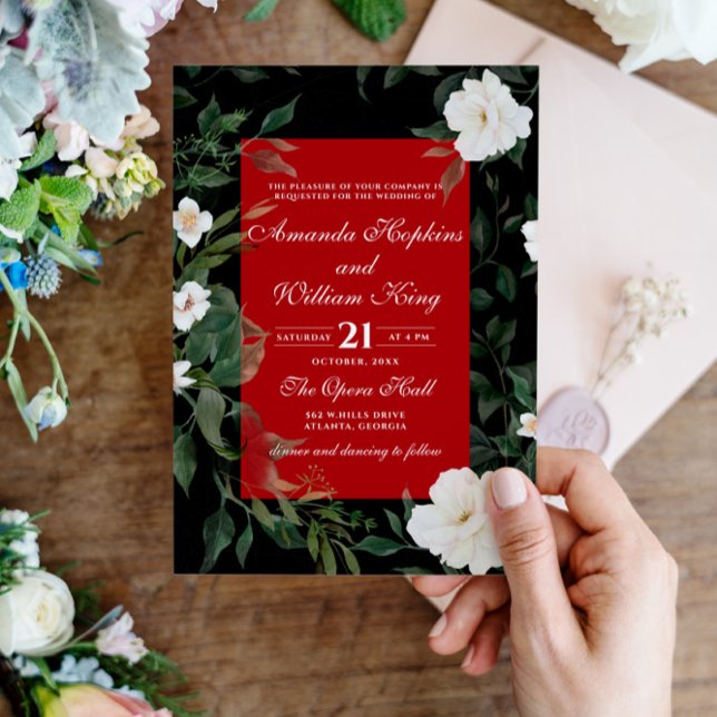  Black and Red Elegant White Floral Wedding  Invitation (Creator Uploaded)