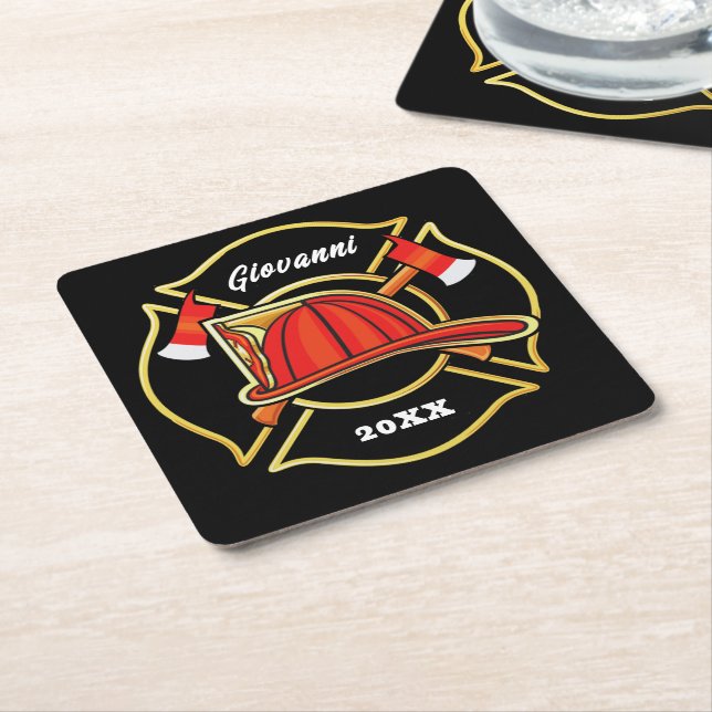 Black and Red Fire Department Emblem Square Paper Coaster (Angled)
