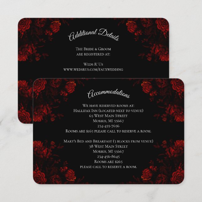 Black and Red Floral Elegant Gothic Wedding Enclosure Card (Front/Back)