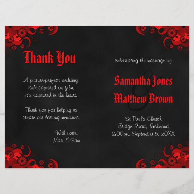 Black and Red Floral Goth Bi-Fold Wedding Program (Front)
