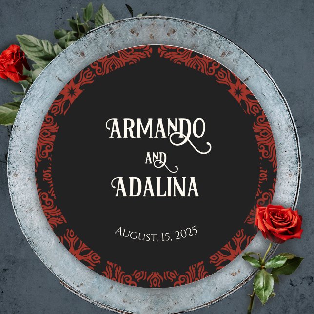 Black and Red Floral Gothic Dark Elegant Wedding Classic Round Sticker (Gothic Red and Black Wedding Sticker)