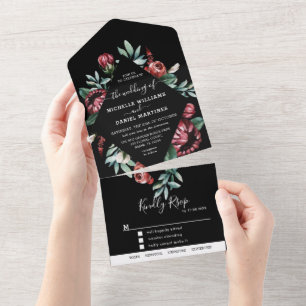 Black and Red Floral Wedding All In One Invitation