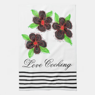 Black And Red Floral With Black Stripes Kitchen Towel