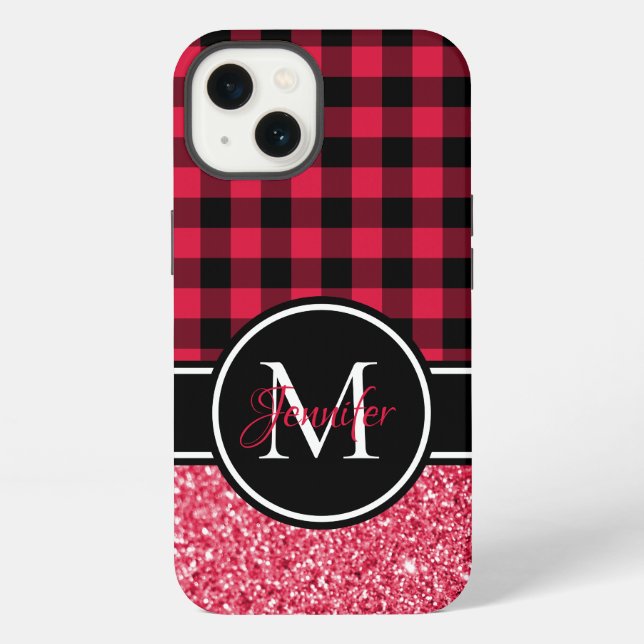 Black and Red Glitter Buffalo Plaid Monogram iPhone Case (Back)