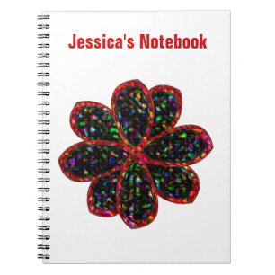 Black and Red Glitter Flower Customizable Notebook