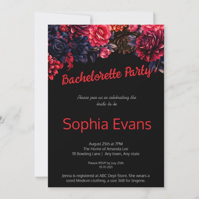 Black and Red Gothic Floral Bachelorette Party Invitation (Front)