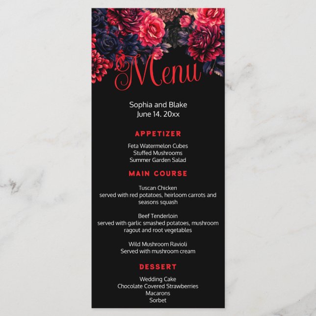 Black and Red Gothic Floral Dark Wedding Flat Menu (Front)
