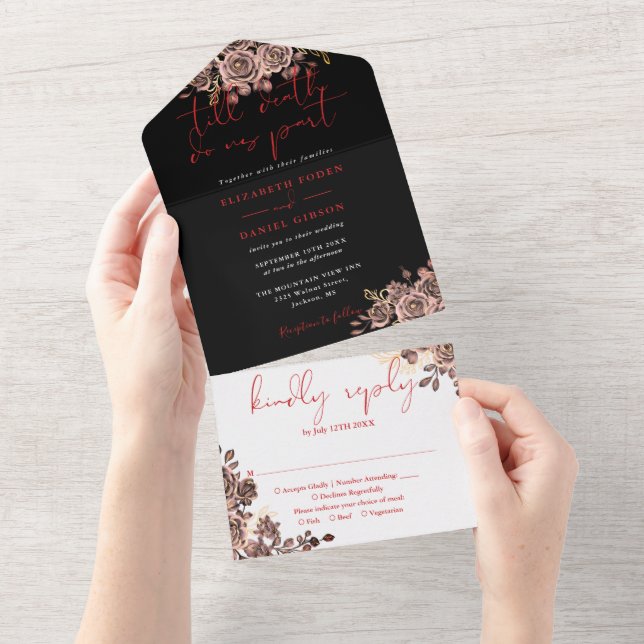 Black And Red Gothic Roses Floral Wedding All In One Invitation (Tearaway)