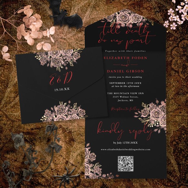 Black And Red Gothic Roses QR Code Wedding All In One Invitation (Black And Red Gothic Roses QR Code Wedding All In One Invitation)
