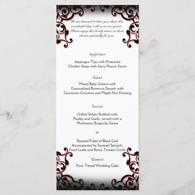 Black and Red Gothic Scroll Wedding Menu (Front)