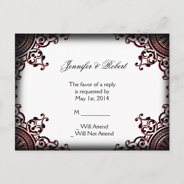 Black and Red Gothic Scroll Wedding RSVP Postcard (Front)