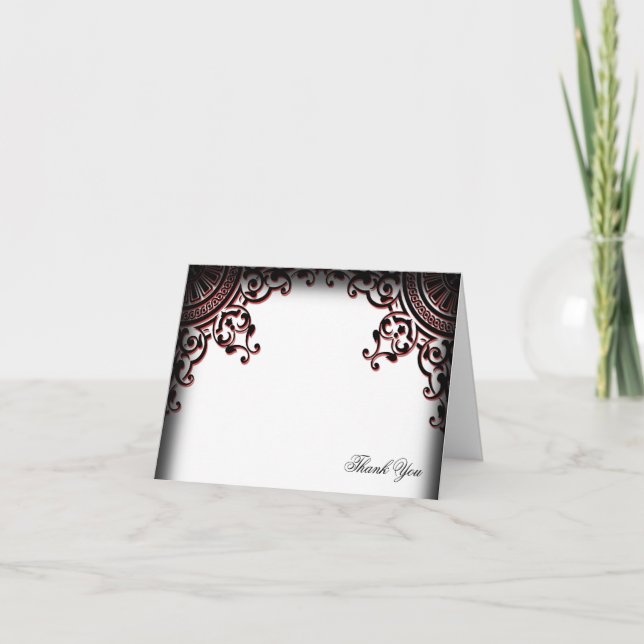 Black and Red Gothic Scroll Wedding Thank You Card (Front)