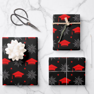 Black and Red Graduation Cap Pattern Wrapping Paper Sheet