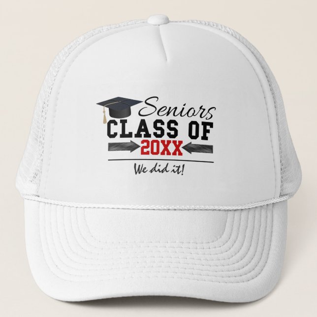 Black and Red Graduation Gear Trucker Hat (Front)