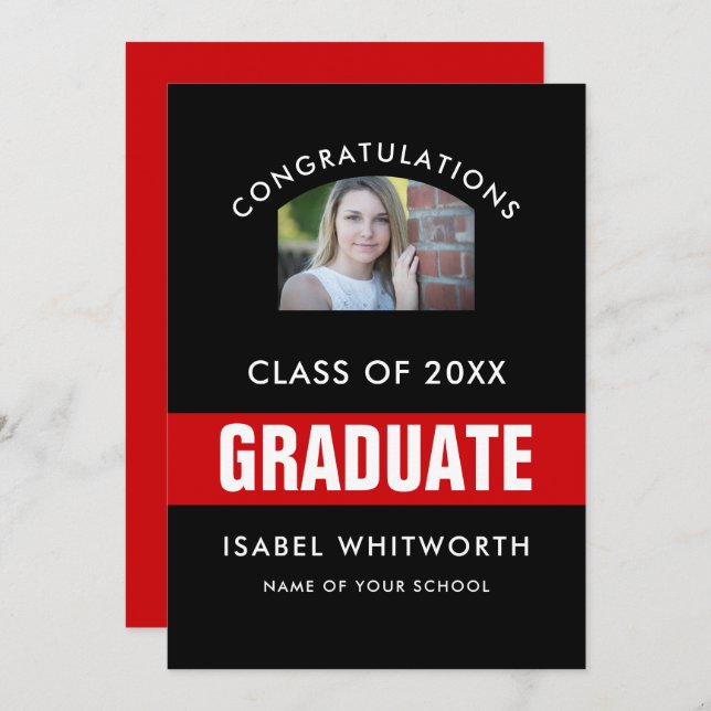 Black and Red Graduation Photo Custom Announcement (Front/Back)