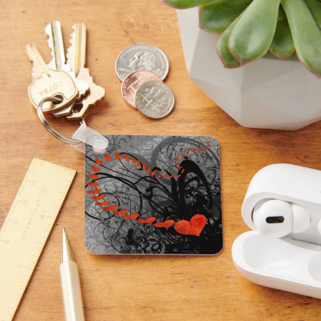 Black and Red Heart Swirls Keychain (Desk)
