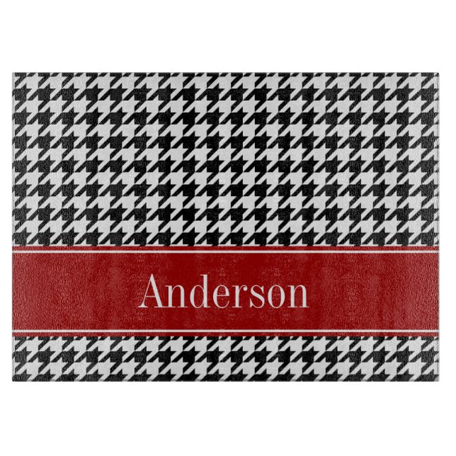 Black and Red Houndstooth Pattern Personalized Cutting Board (Front)