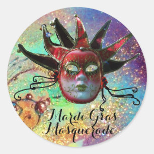 BLACK AND RED JESTER MASK IN BLUE Masquerade Party Classic Round Sticker