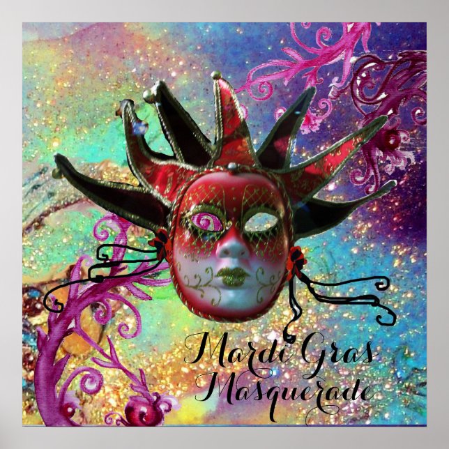 BLACK AND RED JESTER MASK IN BLUE Masquerade Party Poster (Front)
