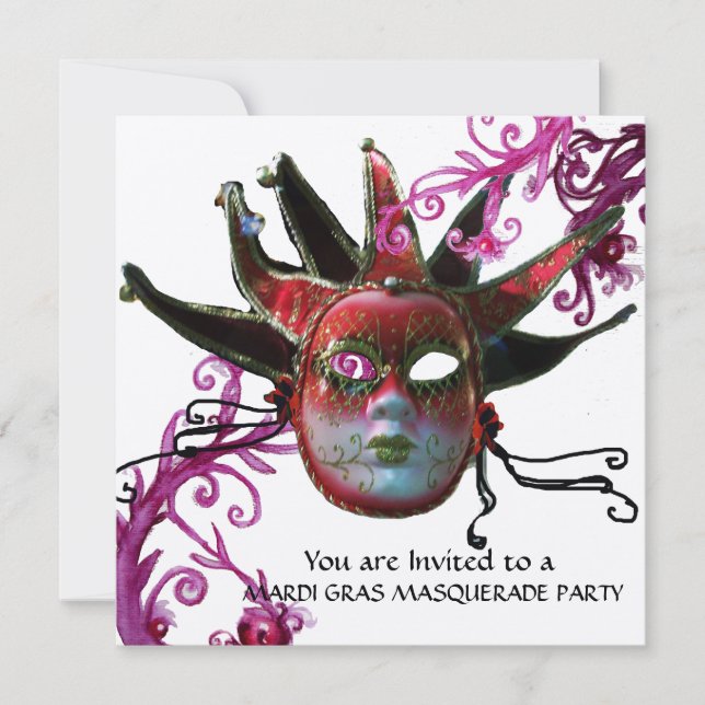 BLACK AND RED JESTER MASK , Masquerade Party Gold Invitation (Front)