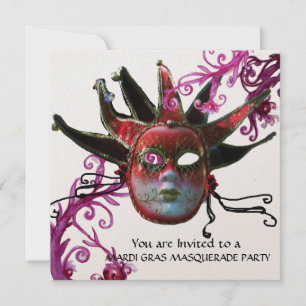 BLACK AND RED JESTER MASK , Masquerade Party Gold Invitation