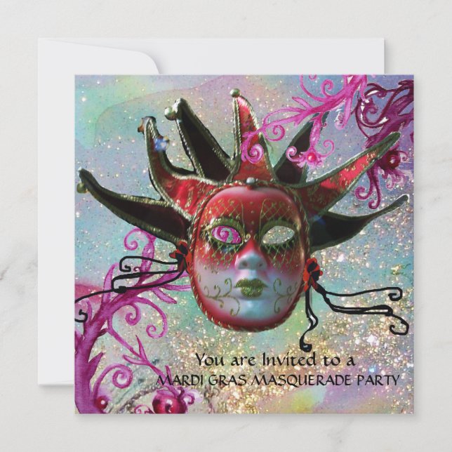 BLACK AND RED JESTER MASK , Masquerade Party Invitation (Front)