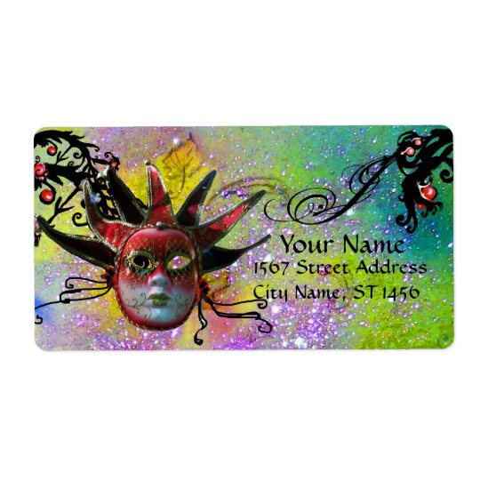BLACK AND RED JESTER MASK ,Masquerade Party Purple Shipping Label