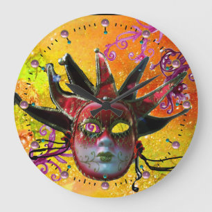 BLACK AND RED JESTER MASK Masquerade Party Yellow Large Clock