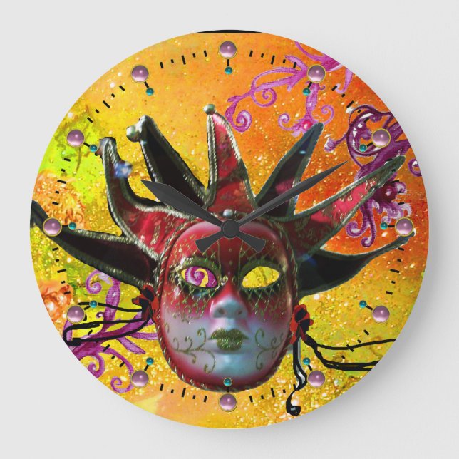 BLACK AND RED JESTER MASK  Masquerade Party Yellow Large Clock (Front)
