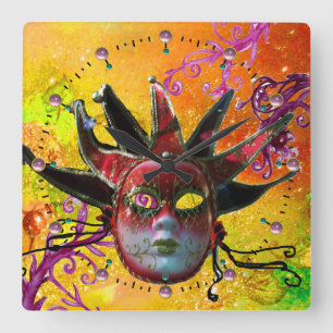 BLACK AND RED JESTER MASK  Masquerade Party Yellow Square Wall Clock