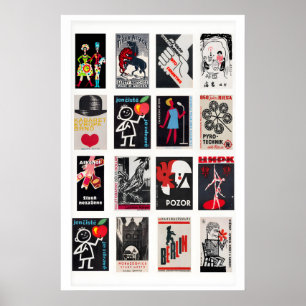 Black and Red Matchbox Label Collage, vintage Poster