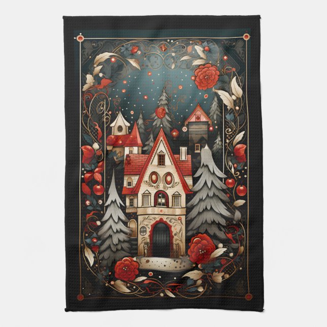 Black and Red Modern Abstract Christmas Designs Kitchen Towel (Vertical)