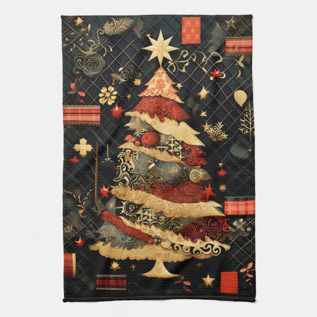 Black and Red Modern Abstract Christmas Tree Kitchen Towel (Vertical)