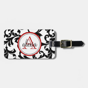Black and Red Monogrammed Damask Print Luggage Tag
