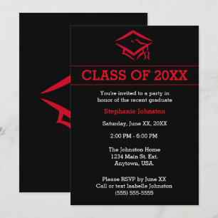 Black and Red Mortarboard Simple Graduation Party Invitation