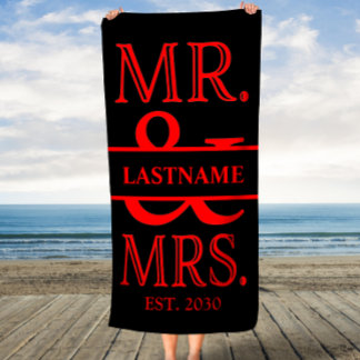 Black and Red Mr. Mrs. Personalized Beach Towel