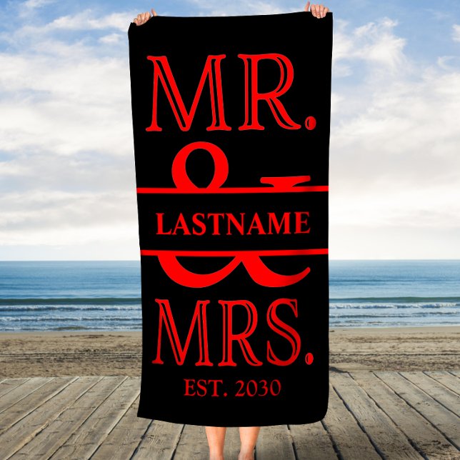 Black and Red Mr. Mrs. Personalized Beach Towel (Creator Uploaded)