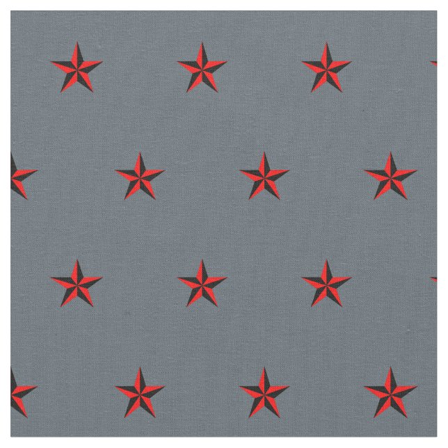 Black and Red Nautical Star Pattern on Slate Grey Fabric (Close Up)