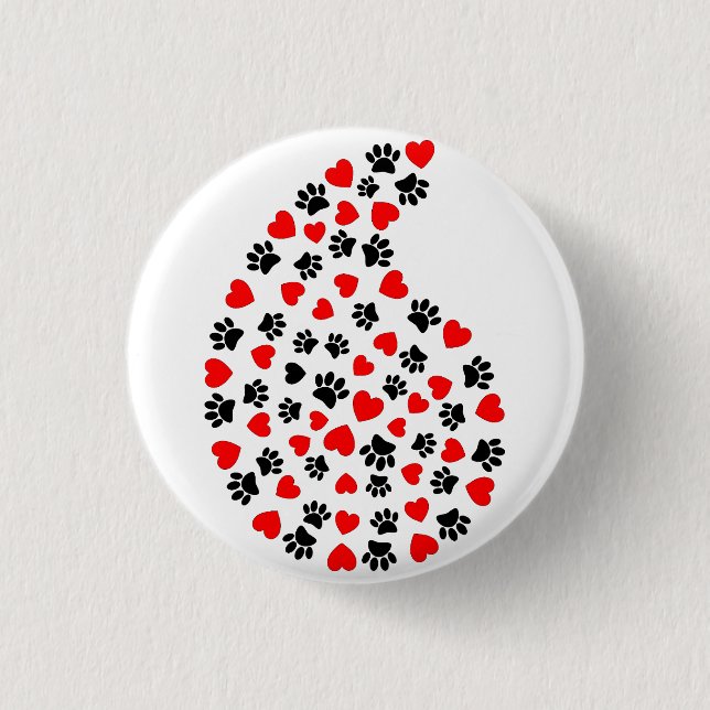 Black And Red Paw Print And Hearts Paisley Print 1 Inch Round Button (Front)