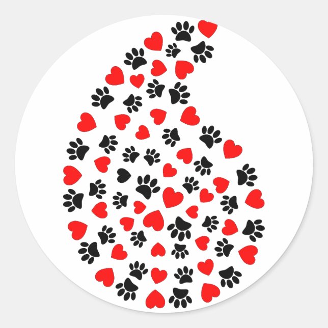 Black And Red Paw Print And Hearts Paisley Print Classic Round Sticker (Front)