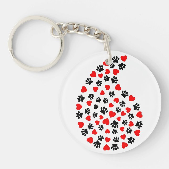 Black And Red Paw Print And Hearts Paisley Print Keychain (Front)