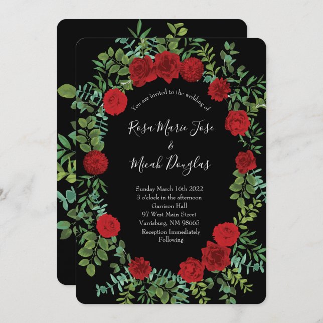 Black and Red Peony Rose Floral Wedding Invitation (Front/Back)