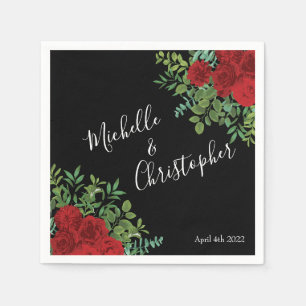 Black and Red Peony Rose Floral Wedding Napkin